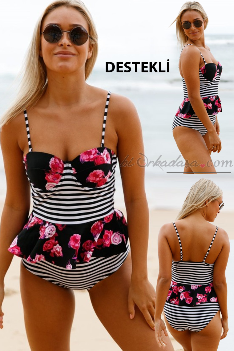 Destekli Yüksek Bel Etek Gürünümlü Bikini Takım